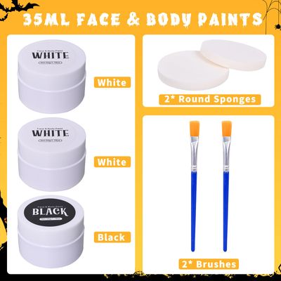 Halloween Makeup Black and White Face Paint, Halloween Face Paint 7pcs for Adult, Large Capacity Facepaint for Clown SFX Zombie Special Effects Makeup, Halloween Makeup Kit with Brushes & Sponges