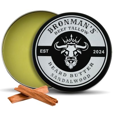 Bronmans Beef Tallow Beard Butter for Men - 4oz - Hydrating Sandalwood Beard Balm with Shea Butter - Deeply Moisturizing Tallow for Beard and Skin