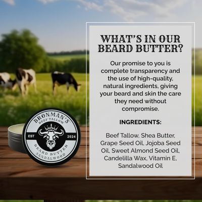 Bronmans Beef Tallow Beard Butter for Men - 4oz - Hydrating Sandalwood Beard Balm with Shea Butter - Deeply Moisturizing Tallow for Beard and Skin