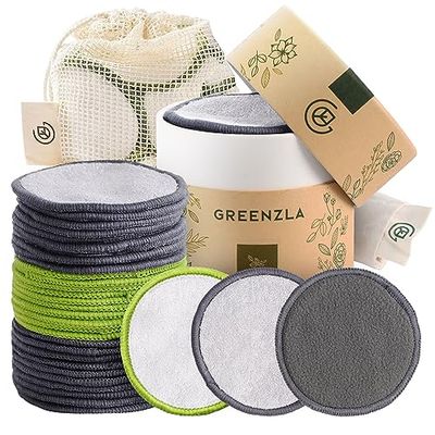 Greenzla Reusable Makeup Remover Pads, 30 Pack Washable Bamboo Cotton Pads Reusable with Mesh Laundry Bag, Cotton Travel Pouch, Cotton Pads Holder, Reusable Cotton Rounds for Face for All Skin Types