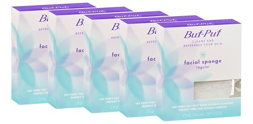 Buf-Puf Facial Sponge, Dermatologist Developed, Removes Deep Down Dirt &amp; Makeup That Causes Breakouts and Blackheads, Reusable, Exfoliating, White, 5 Count