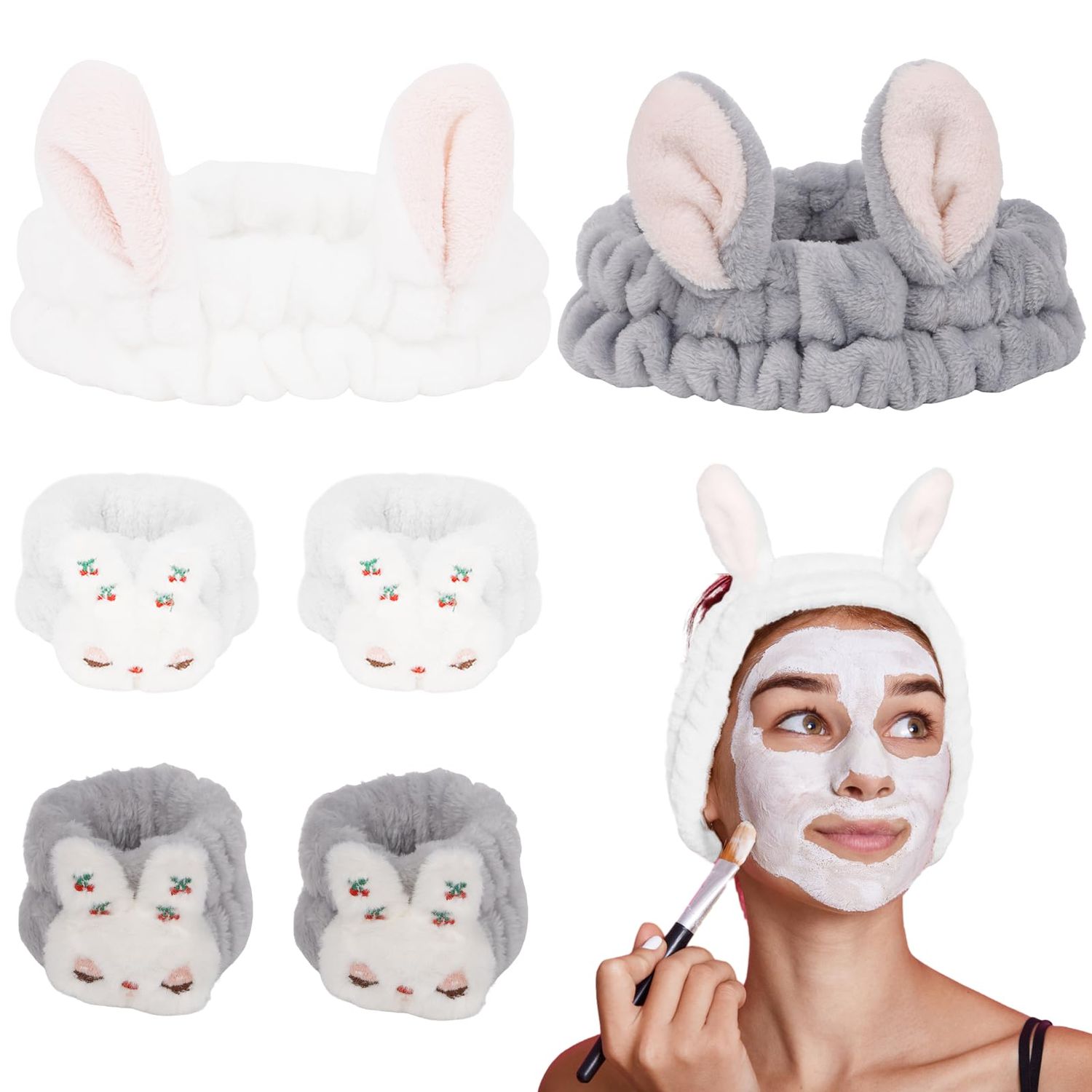 ACO-UINT 6Pcs Spa Headbands and Wrist Washbands Set, Bunny Ear Headbands for Washing Make Up Headbands, Skincare Headbands Easter Rabbit Face Wash Headbands for Women Girls