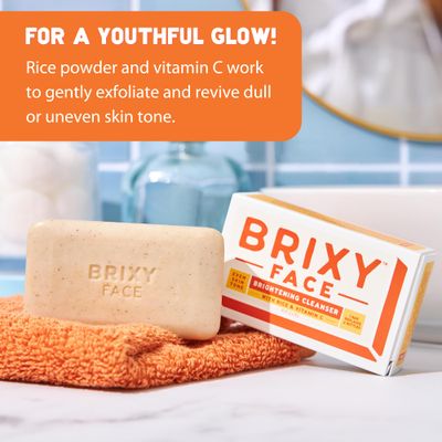 BRIXY Exfoliating Facial Cleansing Bar Even Skin Tone - Rice Powder And Vitamin C, Ceramide & Niacinamide Support A Healthy Skin Barrier, Soap Free, pH Balanced And Vegan
