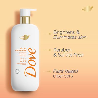 Dove Exfoliating Body Wash Glow Recharge Energizes &amp; illuminates skin 3% brightening serum with vitamin C 18.5 oz