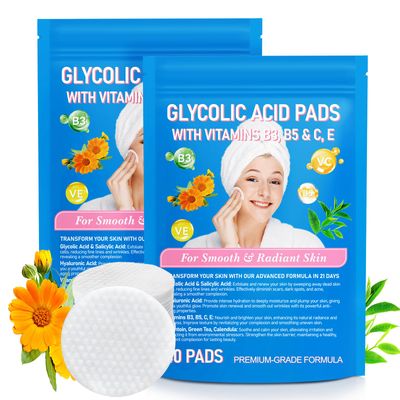 Glycolic Acid Pads, Exfoliating Pads with Glycolic Acid, Vitamins B5, C, E, Reduce Wrinkle Fine Line, Glycolic Acid Resurfacing Pads for Face