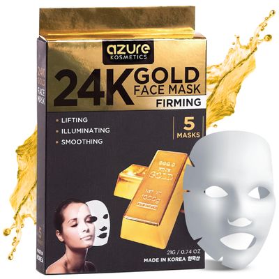 AZURE 24K Gold Firming Face Mask- Anti Aging, Hydrating, Toning &amp; Firming Facial Mask - Helps Reduce Wrinkles &amp; Fine Lines - With Hyaluronic Acid &amp; Collagen - Skin Care Made in Korea - 5 Pack