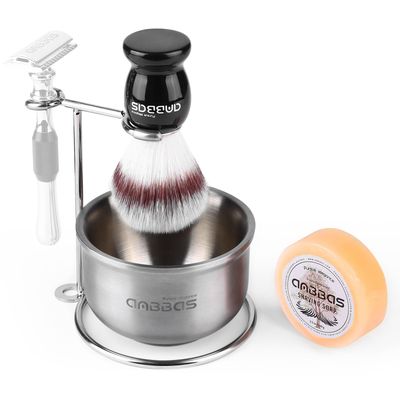 Anbbas Synthetic Badger Shaving Brush Set,Stainless Steel Shaving Razor and Brush Stand and Lathering Foam Bowl, 3.5OZ Natural Shaving Soap Puck Refill for Men