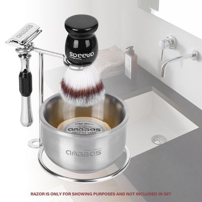 Anbbas Synthetic Badger Shaving Brush Set,Stainless Steel Shaving Razor and Brush Stand and Lathering Foam Bowl, 3.5OZ Natural Shaving Soap Puck Refill for Men