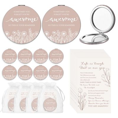 CroBlissful 12 Set Inspirational Gifts for Women Bulk Motivational Compact Mirror Makeup Pocket Mirror for Purse Double Sided Folding Mirror Inspirational Gift Cards with Bag for Women (Classic)