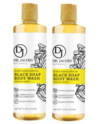 Dr Jacobs Naturals Authentic African Black Liquid Soap with Sensual Monoi Scent | All-In-One Face Wash, Sensitive Skin Body Wash, Shampoo, Shaving Soap | Moisturizing and Nourishing Formula | 16oz 2pk