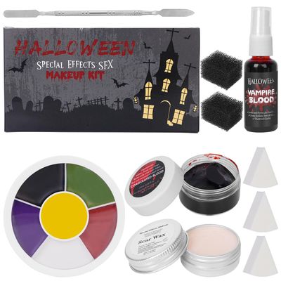 Demonic Special Effects Halloween Makeup Kit,6 Colors Bruise Makeup Face Body Painting Palette,Scar Wax, Spatula Tool,Fake Blood Spray,Coagulated Blood With Sponges for Halloween Cosplay