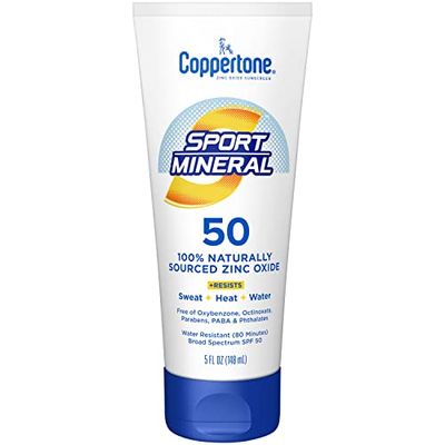 Coppertone SPORT Sunscreen Lotion SPF 50, Zinc Oxide Mineral Sunscreen, Water Resistant Body Sunscreen SPF 50, 5 Fl Oz Tube
