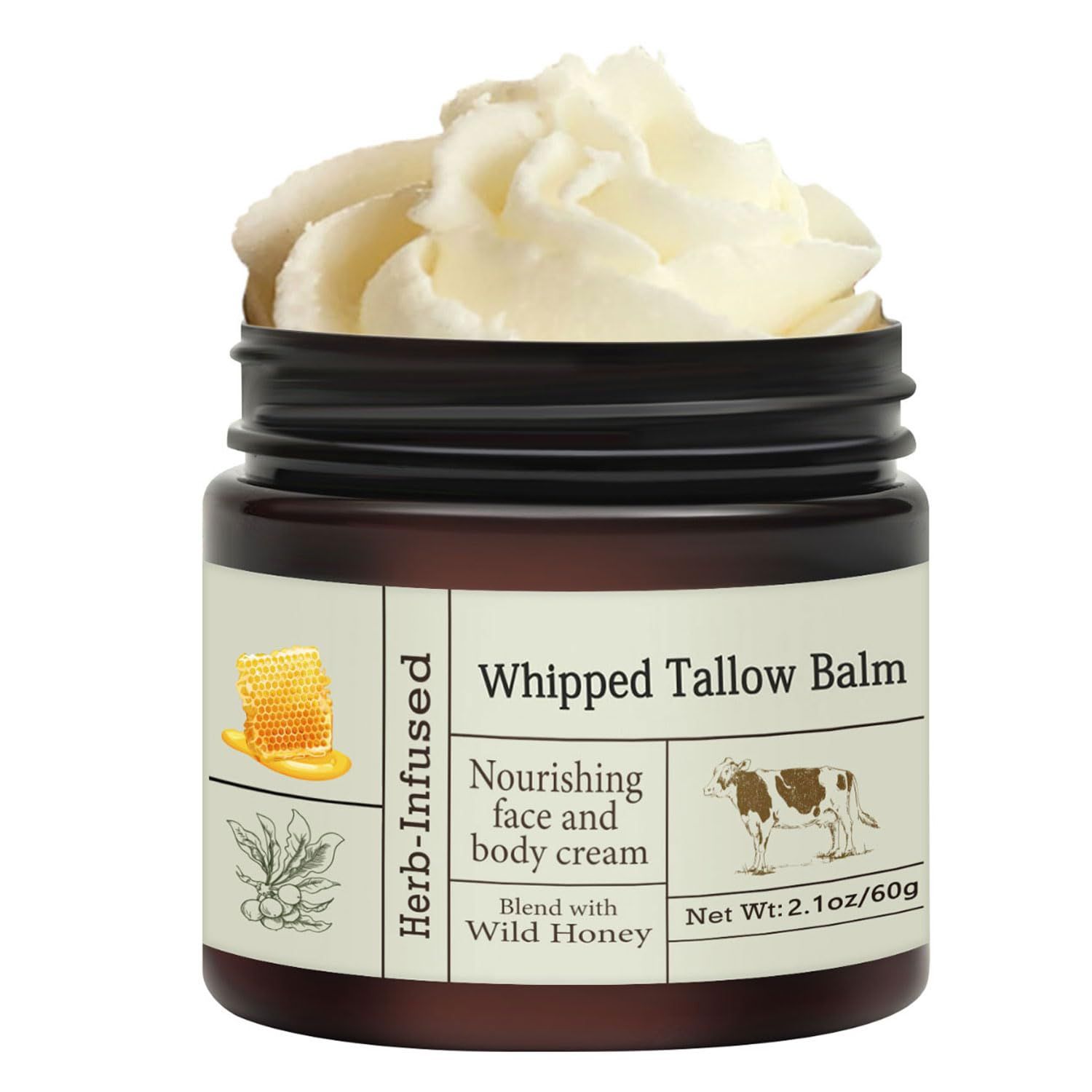 Beef Tallow For Skin, Beef Tallow and Honey Balm Face Moisturizer, Organic Grass Fed Tallow Deeply Nourishing for Face &amp; Body - Whipped Beef Tallow Skin Balm, Moisturizing Skin Care Cream for Dry Skin