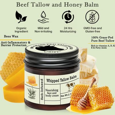 Beef Tallow For Skin, Beef Tallow and Honey Balm Face Moisturizer, Organic Grass Fed Tallow Deeply Nourishing for Face &amp; Body - Whipped Beef Tallow Skin Balm, Moisturizing Skin Care Cream for Dry Skin