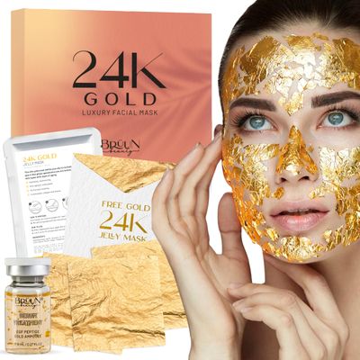 BRUUN 24K Gold Leaves - A (Pack of 30) Gold Sheets with 1 24K Gold Peel off Jelly Mask Pack including 1 Facial Serum - A Perfect and Unique Skin and Body Care Kit for Women, Girls and Mom