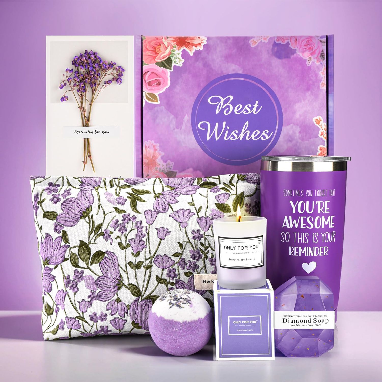 Birthday Gifts for Women, Unique Gifts for Wedding,Christmas, Happy Birthday, Relaxing Purple Gift for Mom Her Wife Sister Girlfriend Daughter Friendship, Self Care Gifts Basket Set for Women