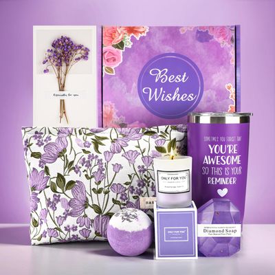 Birthday Gifts for Women, Unique Gifts for Wedding,Christmas, Happy Birthday, Relaxing Purple Gift for Mom Her Wife Sister Girlfriend Daughter Friendship, Self Care Gifts Basket Set for Women