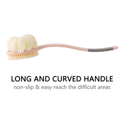 Arswin Shower Body Brush with Bristles and Large Pumpkin Loofah,Back Scrubber Bath Mesh Sponge with Anti-Slip Curved Long Handle for Skin Exfoliating,Massage Bristles for Wet or Dry,Men Women (Pink)