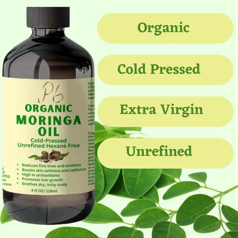 Pomberries Premium Organic Cold-Pressed Moringa Oil, Unrefined &amp; Nutrient-Rich for Skin, Hair &amp; Body, Anti-Aging, Lightweight Face Oil, Natural Moisturizer 4 fl oz in Amber Glass Bottle