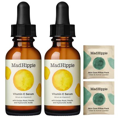 Mad Hippie Vitamin C Serum 2-Pack - Brightening Serum with Hyaluronic Acid, Ferulic Acid, Vitamin E, 1.02 Oz Ea + Varying Pillow Packs