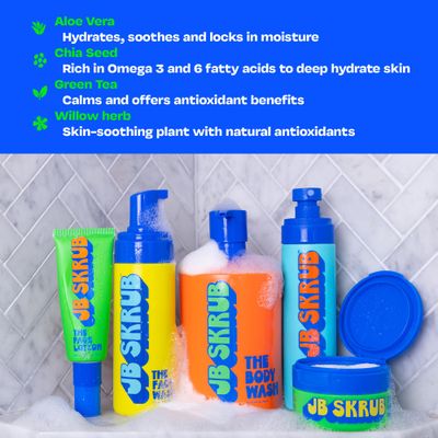 JB SKRUB The Ultimate Bundle - Complete Skin Care Set for Kids, Tweens, and Teens, Includes Body Wash, Body Spray, Acne Face Wash, Face Pads, and Face Lotion