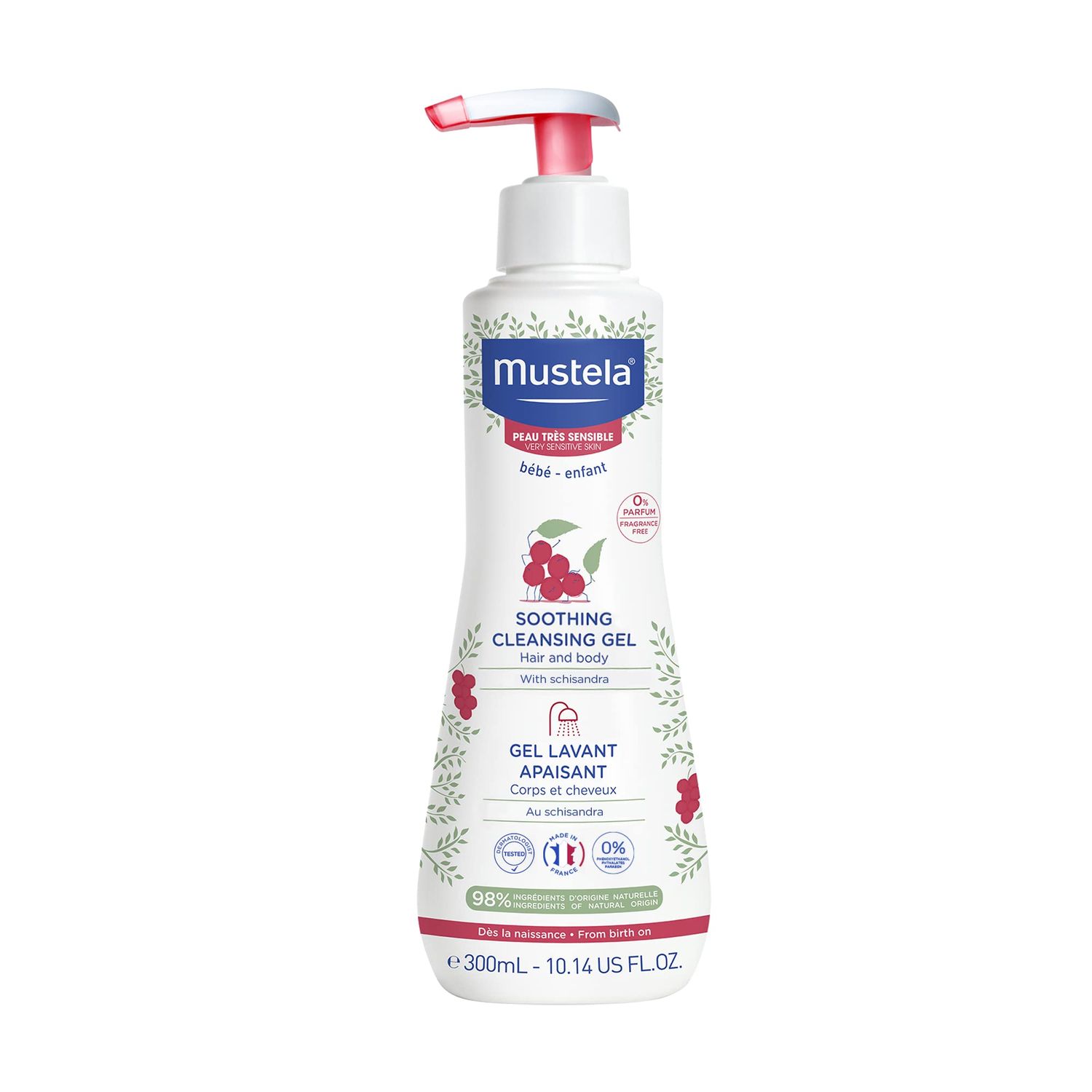 Mustela Baby Soothing Cleansing Gel - Fragrance-Free Hair &amp; Body Wash for Very Sensitive Skin - with Natural Avocado Perseose &amp; Schizandra Berry - 10.14 fl. oz.