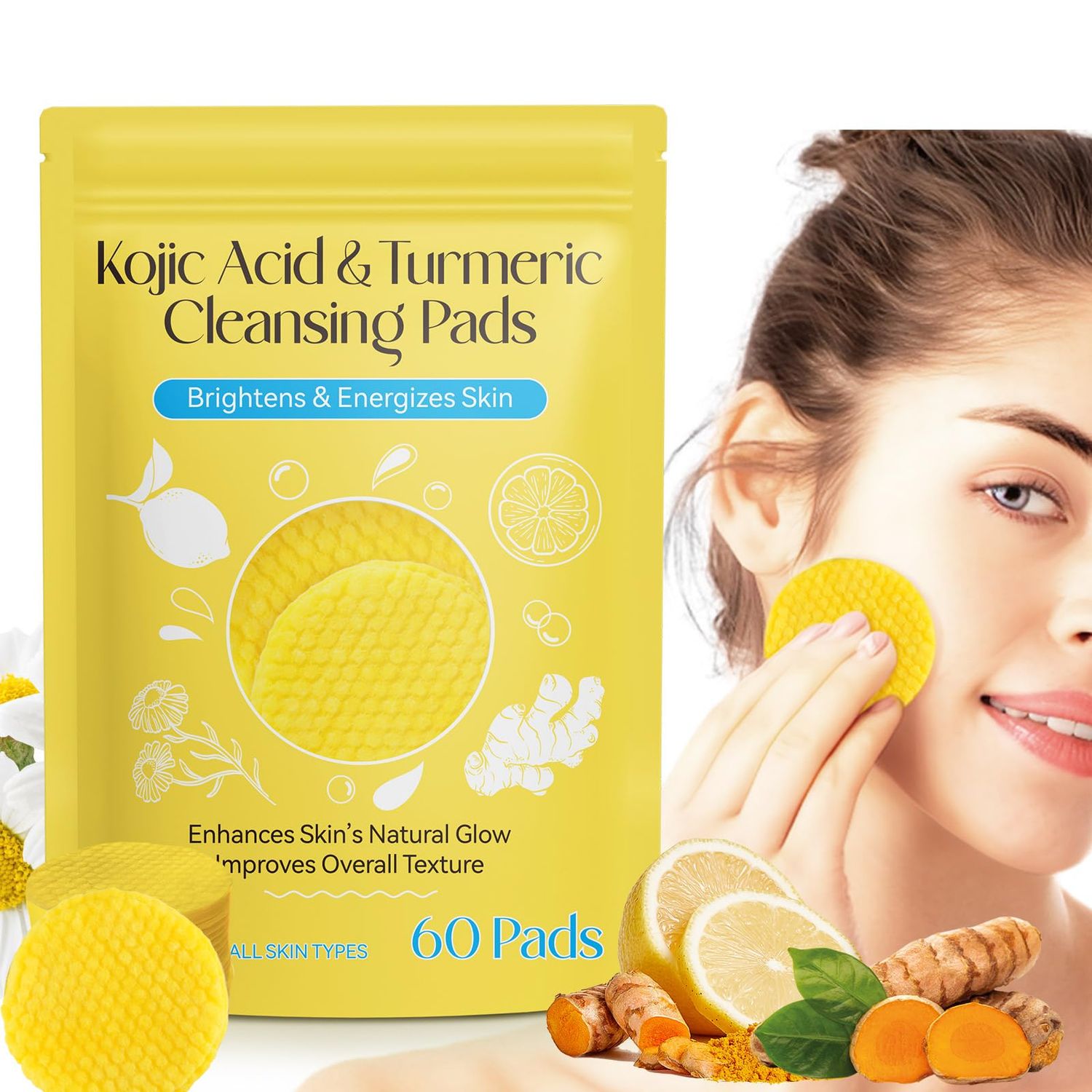 Tooffi Turmeric Cleansing Pads for Face,60PCS Face Turmeric Pads,Turmeric Cleansing Pads for Dark Spots,Turmeric Exfoliating Pads for Face and Body with Vitamin B5 Vitamin C for Body&#39;s Skin