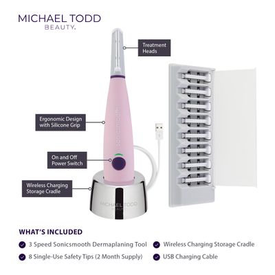 MICHAEL TODD Beauty - Sonicsmooth - SONIC Technology Dermaplaning Tool - 2 in 1 Womens Facial Exfoliation & Peach Fuzz Hair Removal System with 8 Weeks of Dermaplaning Blades