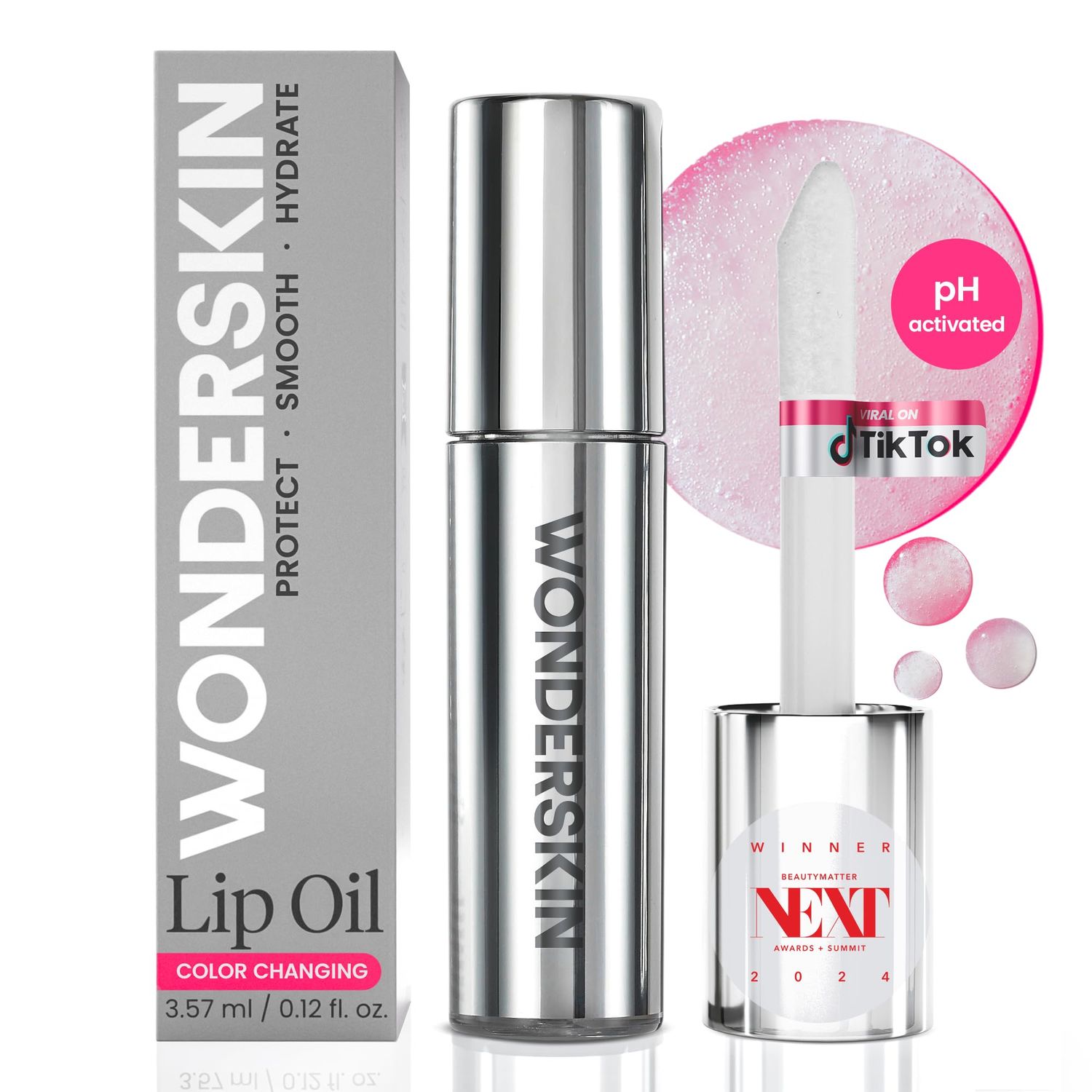 Wonderskin Lip Rehab Serum Oil - Color Changing Lip Oil from Clear to Pink - PH-activated, Non-sticky &amp; Hydrating Tinted Lip Oil for Dry Lips (Kissed)