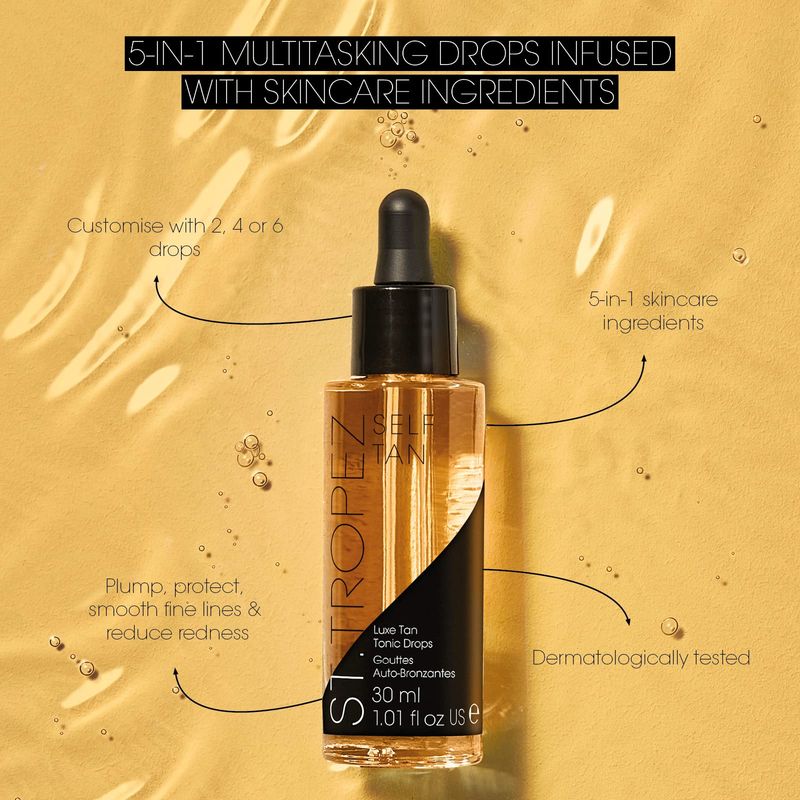St.Tropez Luxe Tan Tonic Glow Drops, 5-in-1 Face Self Tanning Drops, Niacinamide, Hyaluronic Acid, Vitamin C &amp; E, Vegan, Natural &amp; Cruelty Free, 1 Fl Oz