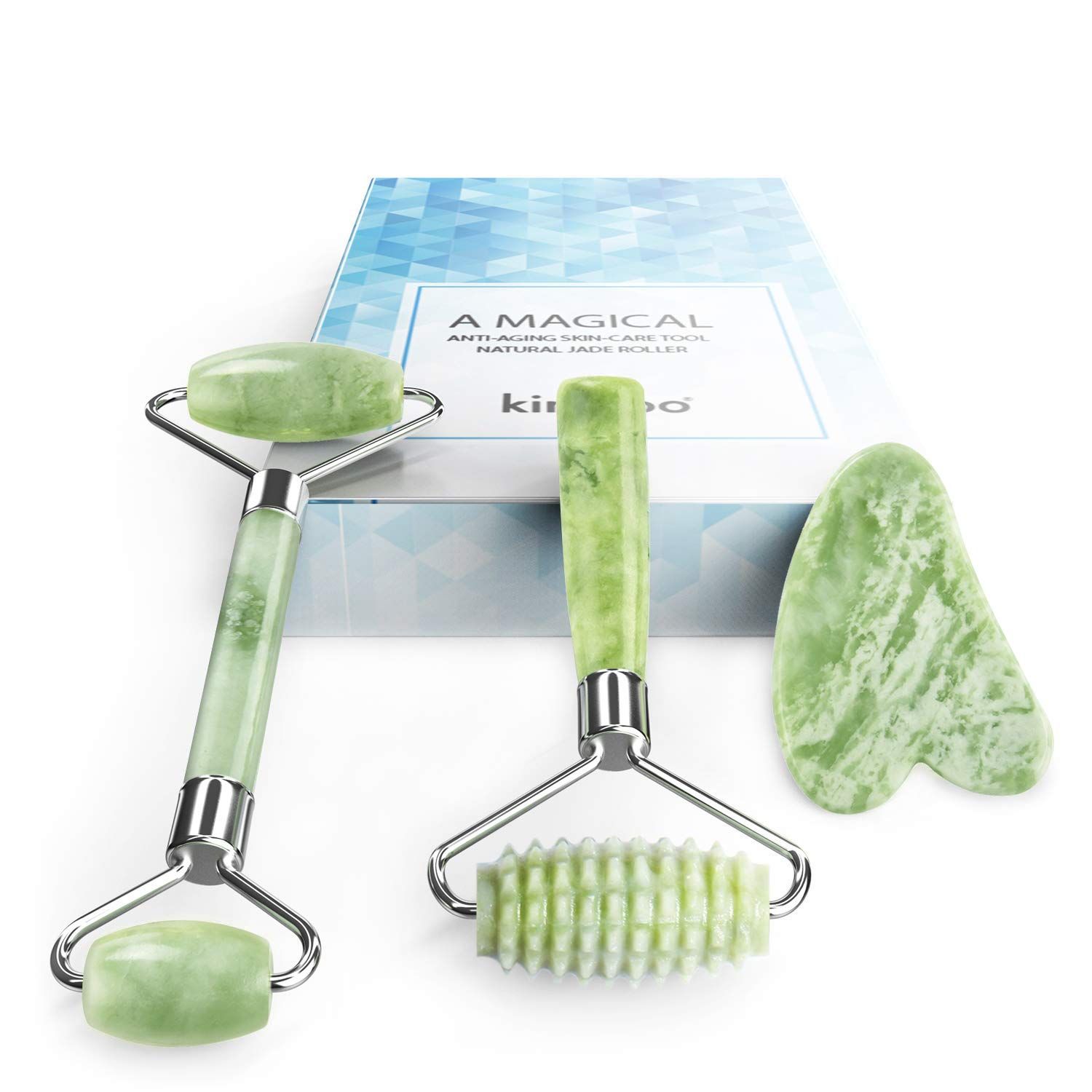 kimkoo Jade Roller and Gua Sha for Face-3 in 1 Kit with Facial Massager Tool,100% Real Natural Jade Stone Anti Aging,Face Beauty Set for Eye Anti-Wrinkle