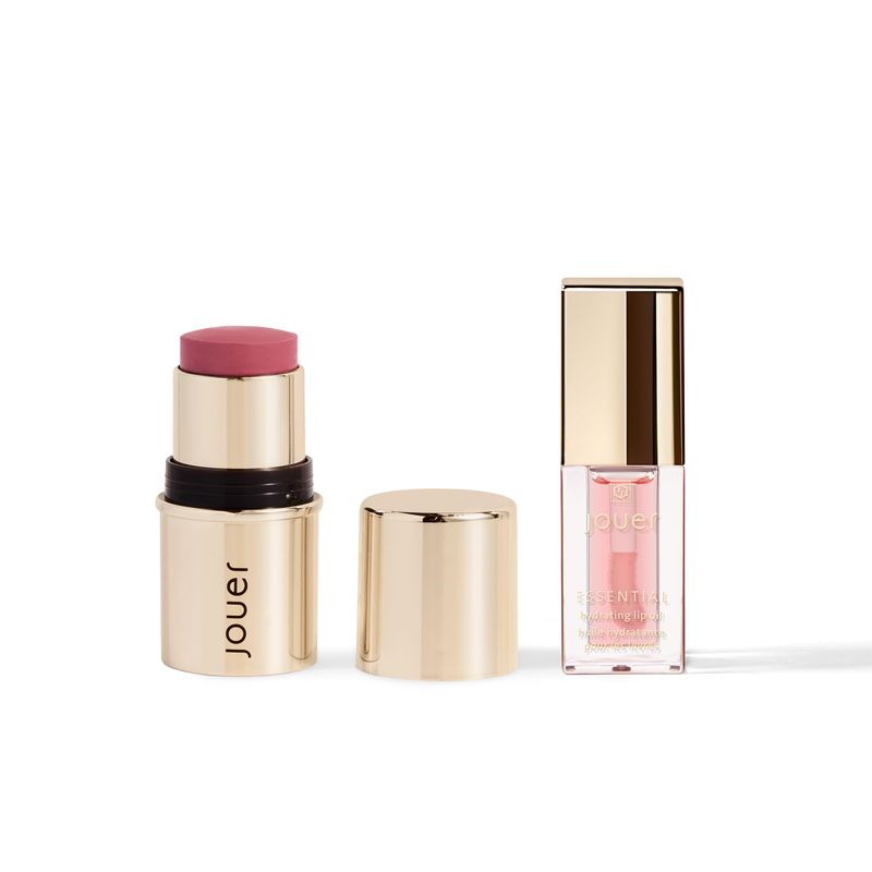 Jouer Blush &amp; Bisous Cheek &amp; Lip Set - Cream Blush - Moisturizing Dry Lip Serum - Clear Lip Oil