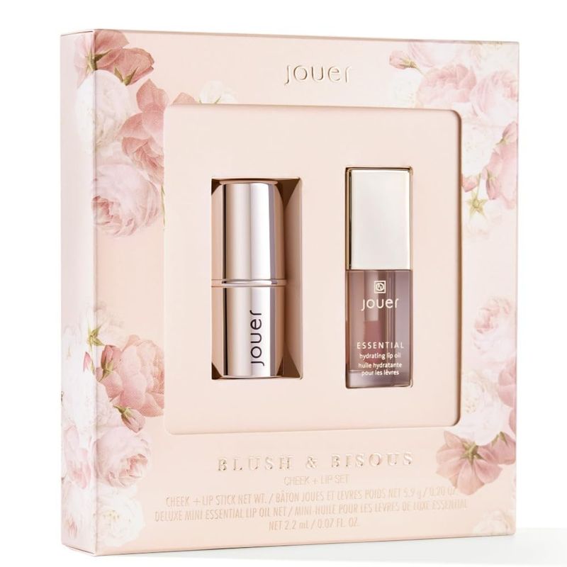 Jouer Blush &amp; Bisous Cheek &amp; Lip Set - Cream Blush - Moisturizing Dry Lip Serum - Clear Lip Oil