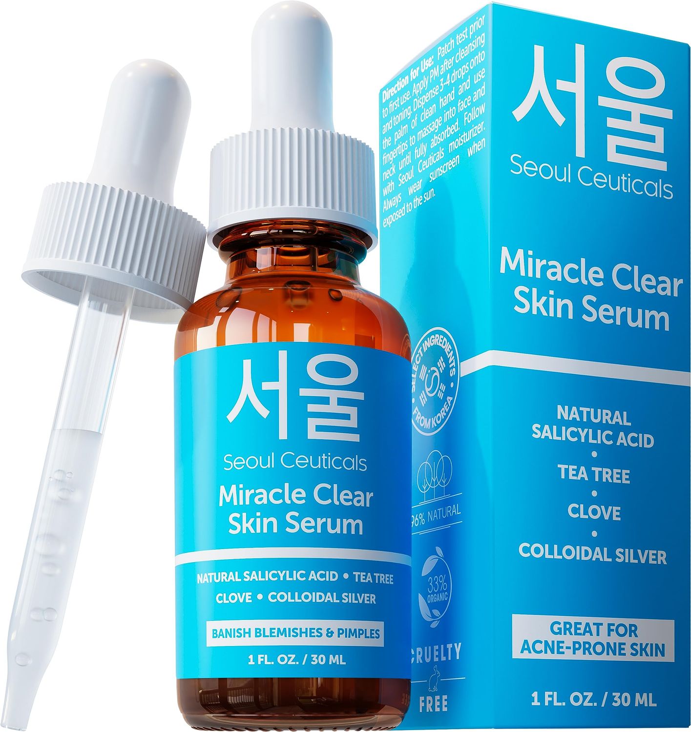 SeoulCeuticals Korean Acne Serum, Skin Care Treatment for Acne Prone Skin - Rapid Action Salicylic Acid, Tea Tree &amp; Clove For Even Skin Tone 1oz
