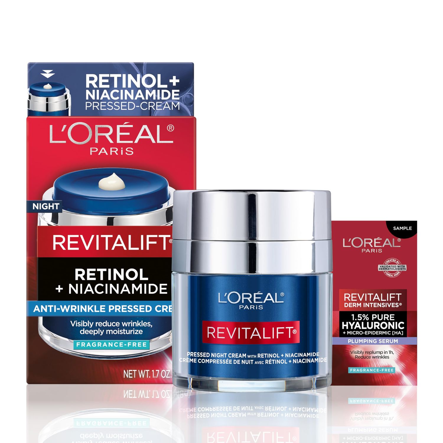 L&#39;Oreal Paris Revitalift Pressed Night Cream, Retinol + Niacinamide, Reduces Wrinkles, Fragrance Free, 1.7 oz + Serum Sample