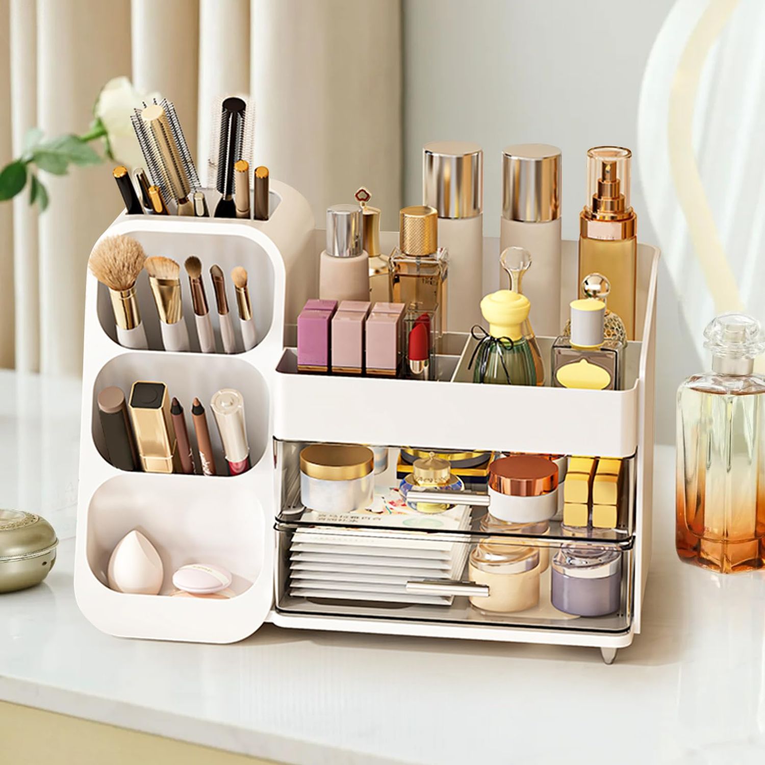 LZDMY Makeup Organizer Countertop, Vanity Organizer with Brush Holder, Cosmetic Display Case with Drawers, Skincare Organizer for Dresser, Bathroom, Make up Storage Organizer for Women Christmas Gifts