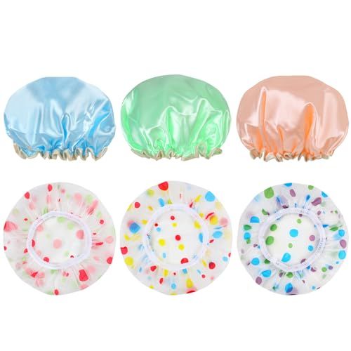 vivinin 6 PCS Shower Cap Reusable Waterproof Double, PEVA Plastics Shower Caps for Women Reusable Waterproof, Reusable Shower Cap for Women with Elastic, Hair Cap for Shower for Skin Care, Hair Salon