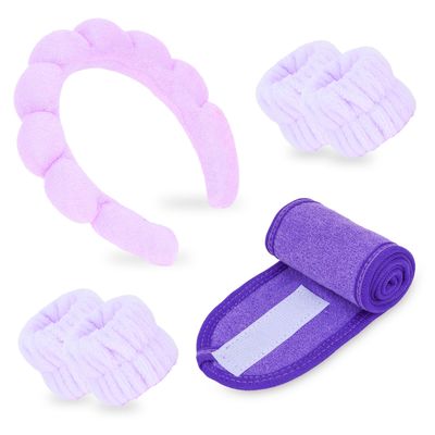 Ondder 6 Pcs Purple Spa Headband and Wristband Set Makeup Spa Headband for Washing Face Bubble Headband Skin Care Headbands Face Wash Sponge Puffy Headband Head Bands Headbands for Women Girls