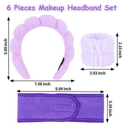 Ondder 6 Pcs Purple Spa Headband and Wristband Set Makeup Spa Headband for Washing Face Bubble Headband Skin Care Headbands Face Wash Sponge Puffy Headband Head Bands Headbands for Women Girls