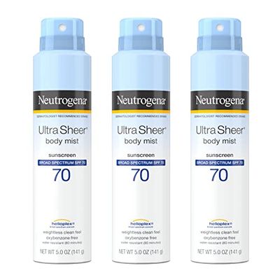 Neutrogena Sunscreen Spray, Ultra Sheer Body Mist, Broad Spectrum SPF 70, Non-Greasy Water Resistant Body Sunscreen Mist, Non-Comedogenic, 5 oz, 3 Pack