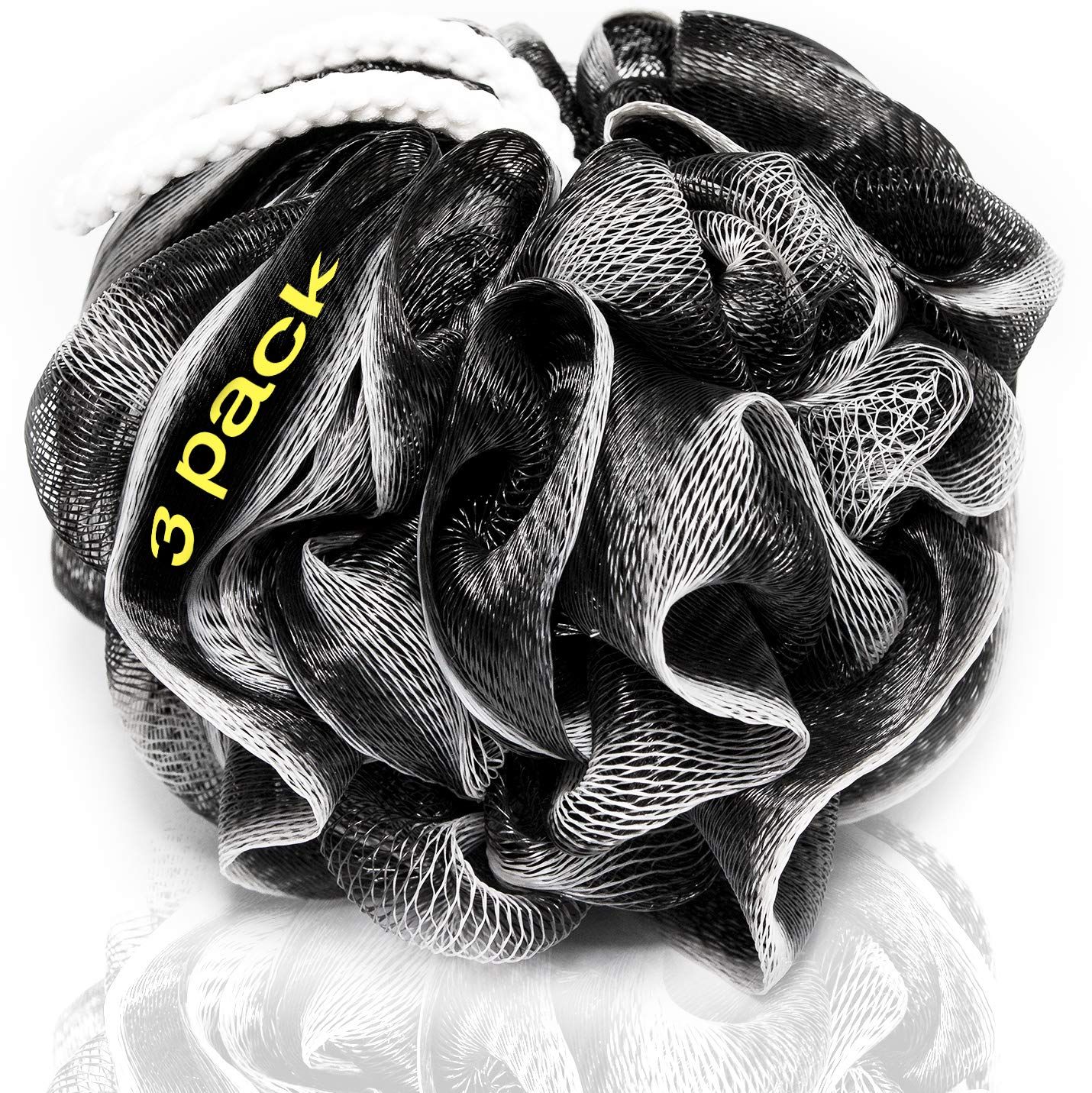 XXL 90g Charcoal Shower Loofah 3 Pack by Tilcare - Perfect Bath Sponge for Exfoliating for Men &amp; Women - Body Scrubber Brush for Cleansing and Smooth Skin - Scrubbies That Remove Excess Oil and Dirt