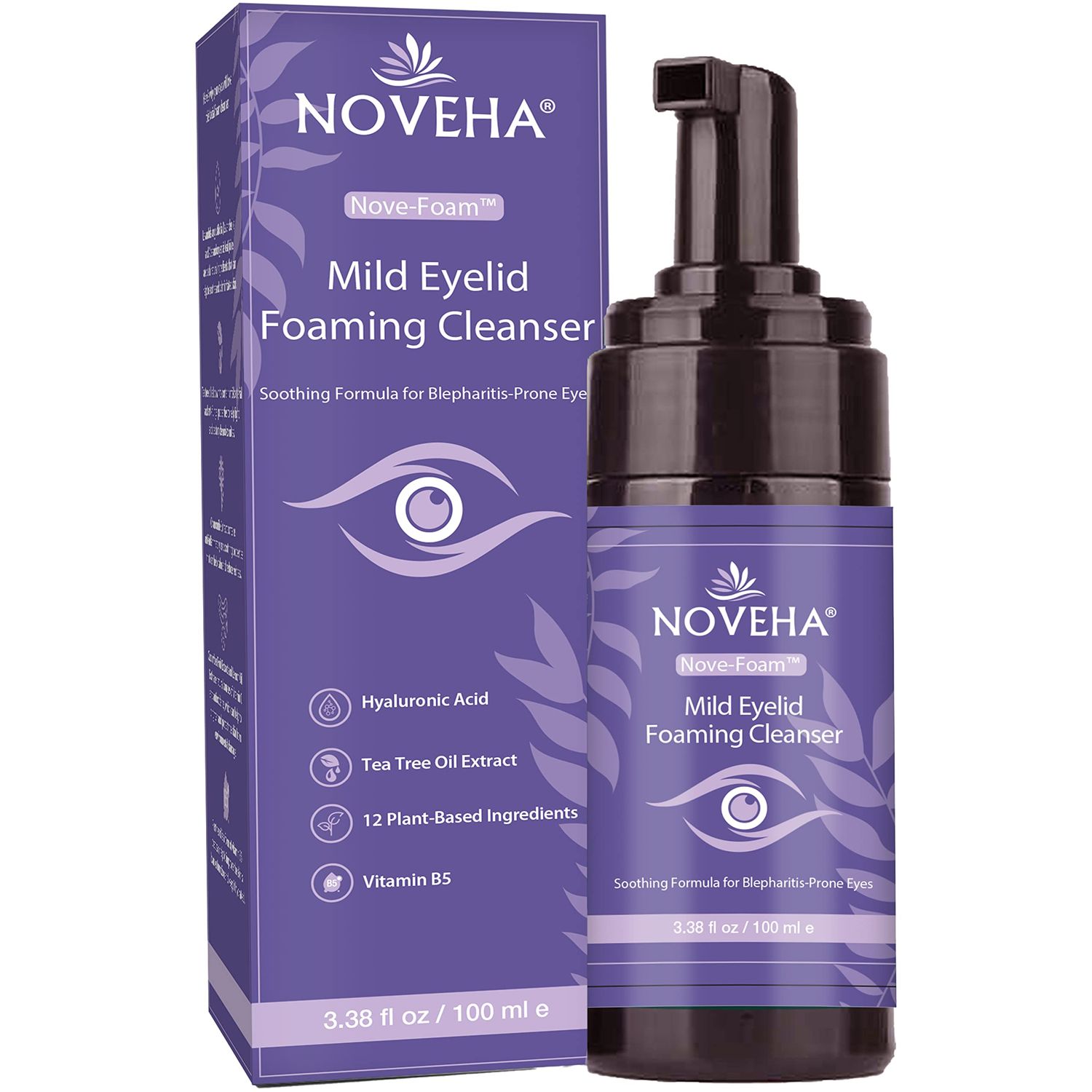 NOVEHA Lavender and Tea Tree Oil Eyelid Foaming Cleanser | Hydrating Hypoallergenic Daily Soap For Eyelashes and Lids, For Demodex, MGD, Stye Eye, Eye Irritations &amp; Dry Skin | 3.38 fl oz (100ml)