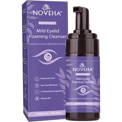 NOVEHA Lavender and Tea Tree Oil Eyelid Foaming Cleanser | Hydrating Hypoallergenic Daily Soap For Eyelashes and Lids, For Demodex, MGD, Stye Eye, Eye Irritations &amp; Dry Skin | 3.38 fl oz (100ml)