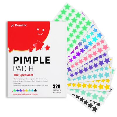 Jo Dominic Pimple stars Patches for Face, 4 Size 320 Counts Acne Patches, Hydrocolloid Patches for Covering Zits and Blemishes, Spot Stickers with Salicylic Acid, Tea Tree Oil