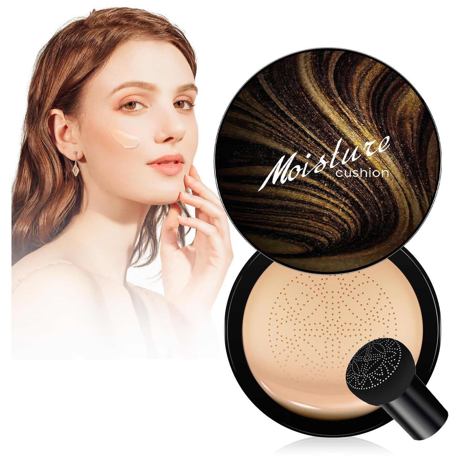 New Upgraded Mushroom Head Air Cushion CC Cream Gold Packaging, BB Cream Face Makeup Foundation for Women Moisturizing Concealer Brighten Waterproof Long-Lasting (Buff Beige)