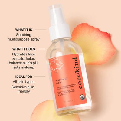 Rosewater Facial Toner by Cocokind, Multipurpose Spray to Set Makeup, Double Cleanse, and Balance Skins pH, Made with Rose Hydrosol, 4 Fl Oz
