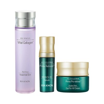 ISA KNOX AGE FOCUS VITAL COLLAGEN Emulsion, PRIME Wrinkle For All Serum &amp; PRIME Eye For All Cream (177 ml/5.99 fl oz) - Korean Skin Care by LG Beauty. Vitamins C, B12 &amp; E.