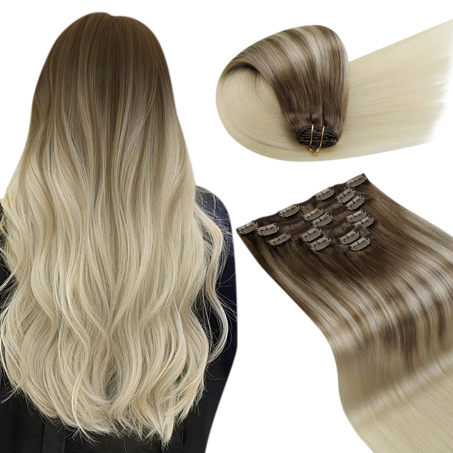 LaaVoo Human Hair Clip in Extensions Light Brown Ombre Blonde Clip in Hair Extensions Real Human Hair Blonde Hair Extensions Clip ins Skin Weft 24Inch 140g 7pcs