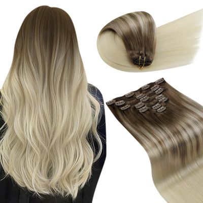 LaaVoo Human Hair Clip in Extensions Light Brown Ombre Blonde Clip in Hair Extensions Real Human Hair Blonde Hair Extensions Clip ins Skin Weft 24Inch 140g 7pcs