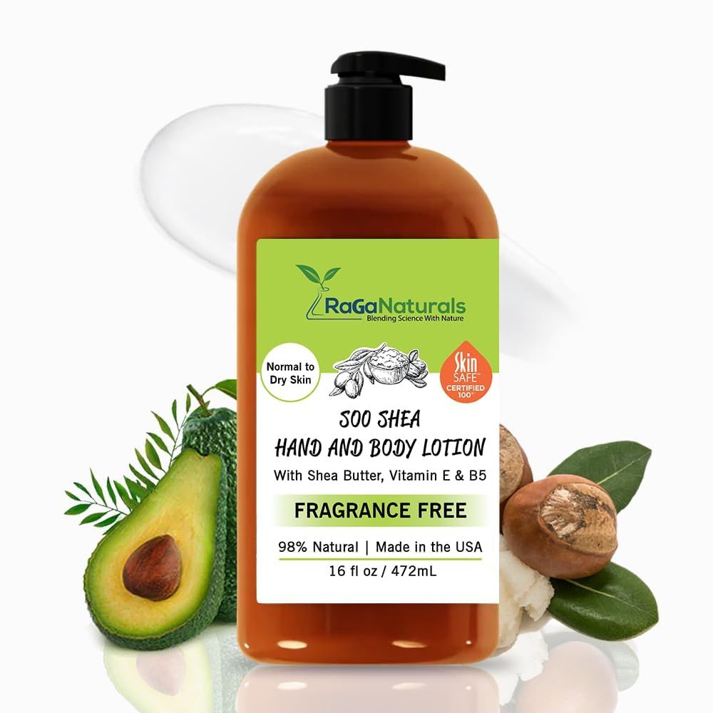 RaGaNaturals Natural Unscented Body Lotion for Dry, Sensitive Skin with Shea Butter, Avocado Oil &amp; Vitamin E - Moisturizing, Fragrance Free Hand Lotion With Organic Essence -For Women, Men, Kids-16 Oz